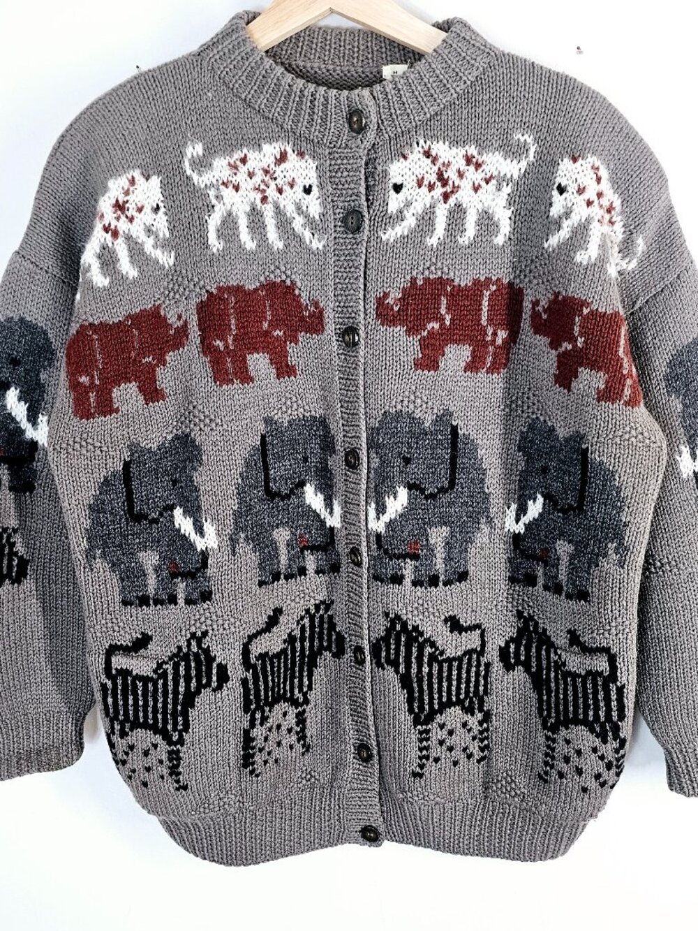 Vintage 80s Safari Animal Elephant Hand Knit Wool Button Up Cardigan Sweater M